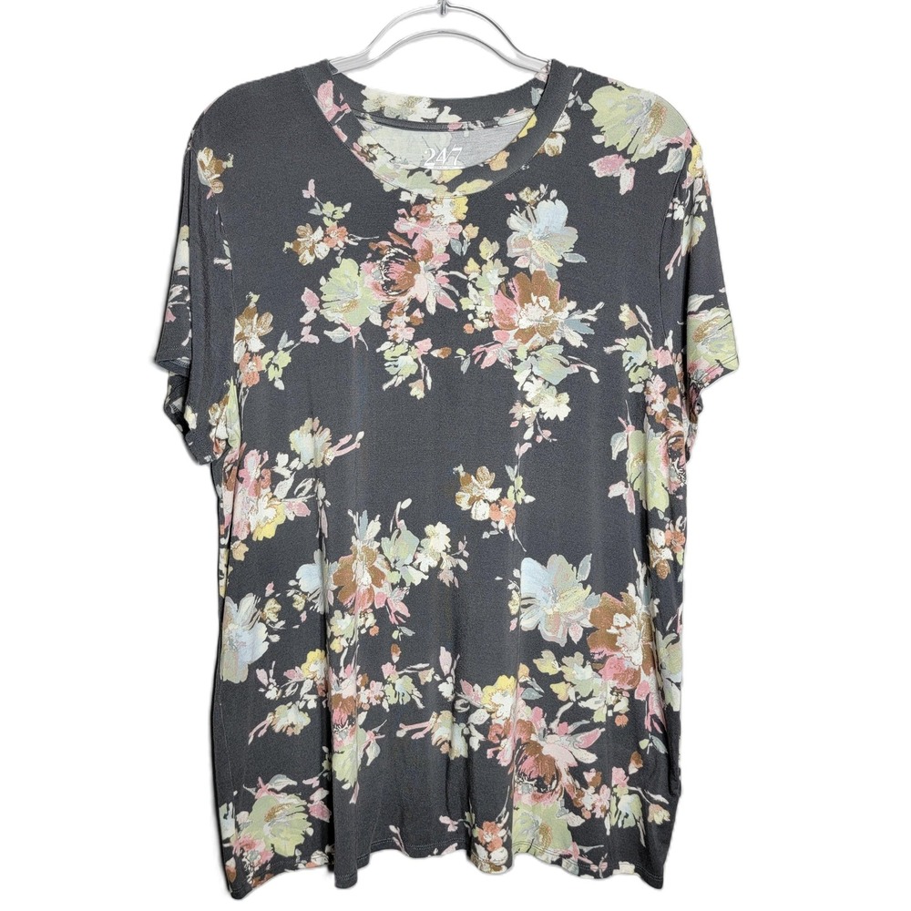 24/7 by Maurices Womens XXL Soft Gray Floral Short Sleeve‎ Crew Neck Tee T-Shirt